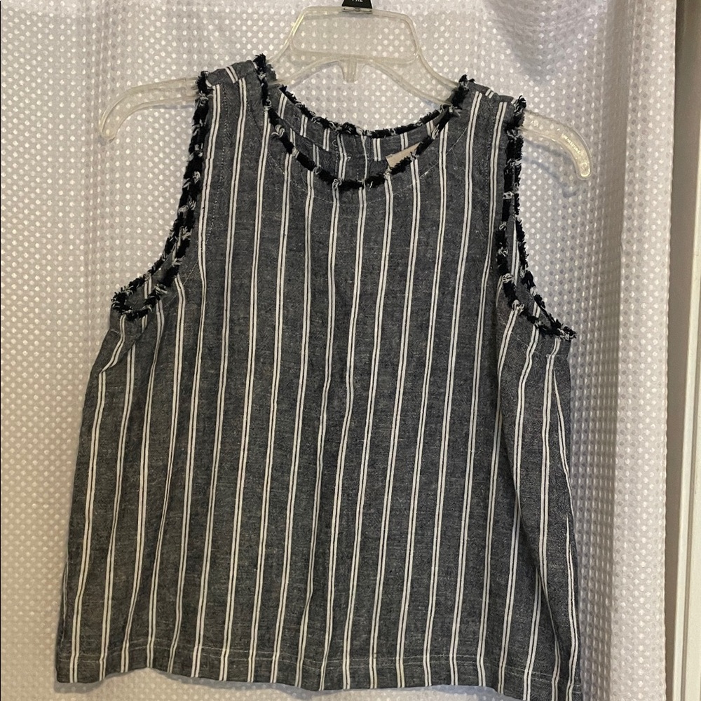 LOFT Blue and White Striped Fringe-Trim Sleeveless Tank